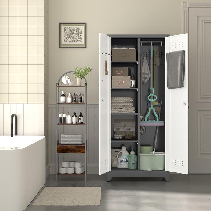Storage Cabinets,Metal Lockable Storage Cabinet with Locking Doors,Tall Utility Cabinets for Garage,Laundry,Office,Grey&White