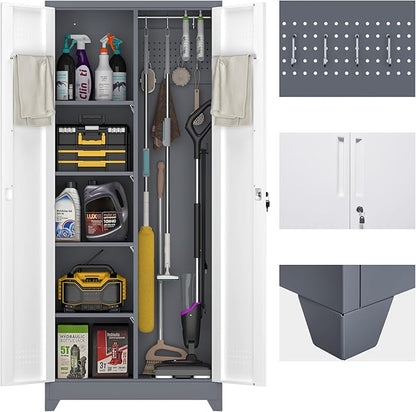 73" H Garage Storage Cabinet,Broom Closet Storage Cabinet with Adjust Shelves,Utility Cabinet,Utility Closet for Garage,Office,Gray-White