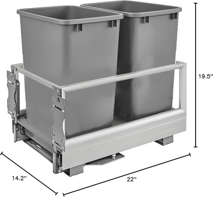 Rev-A-Shelf Double 35 Qt Pullout Trash Can with Soft Close for Base Kitchen Cabinets, Min Opening Width of 14.5", Silver, 5149-18DM-217