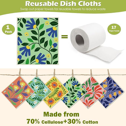 6 Packs Swedish Paper Cloths for Kitchen, Reusable Paper Towels Washable Dish Rags, Highly Absorbent Kitchen Towels Quick Drying Swedish Sponge Cleaning Dish Cloths(Bright Abstract Floral)