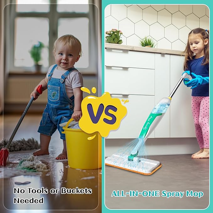 Kids Spray Mop with Refillable Microfiber Pads, and Cleaning Brush, Kids Cleaning Set for Ages 3+, Designed with Smaller Hands in Mind