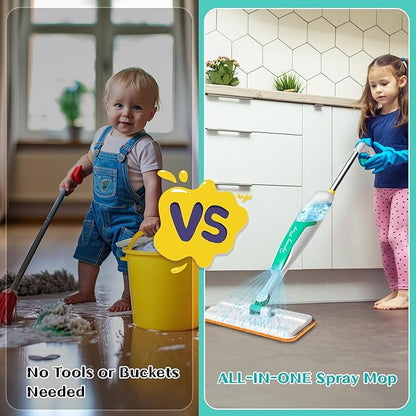 Kids Spray Mop with Refillable Microfiber Pads, and Cleaning Brush, Kids Cleaning Set for Ages 3+, Designed with Smaller Hands in Mind