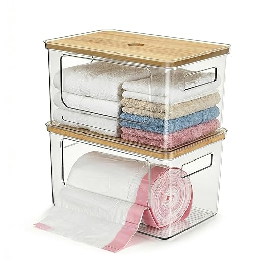 2 Pack Trash Bag Dispenser, Stackable with Bamboo Top – Extra Large Garbage Bag Holder & Under Sink Organizer for Kitchen, Laundry Room, Pantry Organization and Storage