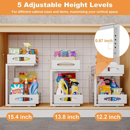 Under Sink Organizer, 2 Tier Under Sink Organizers and Storage, Adjustable Height, Slide out Metal Cabinet Organizers, Pull out Cabinet Storage Drawer Shelf for Kitchen Bathroom (White, 2 Pack)