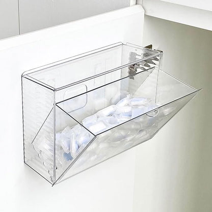 Clear Dishwasher Detergent Pod Holder for Kitchen Cabinet, Plastic Under Sink Storage and Organizer for Lid, Sponge, Coffee Pods, Large Laundry Pods Dispenser Box with Divider