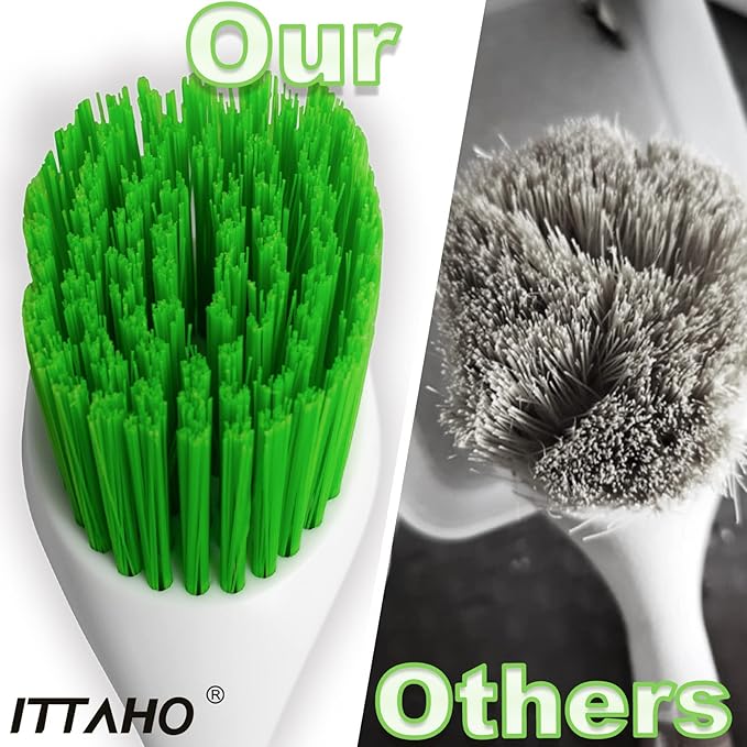 Dish Scrubber Set, Kitchen Brush for Cleaning with Scraper Edge, Green Multi-Purpose Scrub Brush with Handle for Dishes,Sink,Pots,Pans,Shower,Tile,Tubs - 3 Pack