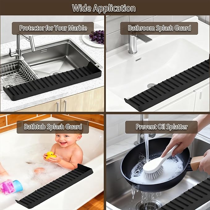Silicone Sink Edge Protector with Suction Cup 4" x 20",Kitchen Sink Splash Guard for Kitchen, Bathroom Sink, Steel, Granite, Quartz Countertops,Multifuctional Sink Accessories (Black)