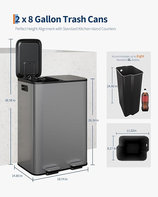 2 x 8 Gal (2 x 30 L) Dual Compartment Trash Can - Stainless Steel Garbage Recycling Bin with Soft Close Lids, Removable Liner Buckets, 16 Gallon/60 L Step on Kitchen Waste Container - Grey