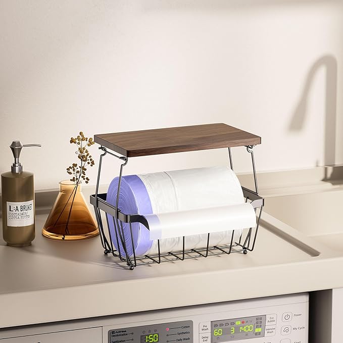 MOJOHAND Large Trash Bag Holder with Wooden Board, Garbage Bag Dispenser Under Sink, Metal Stackable Organizer and Storage for Kictchen Cabinet Pantry