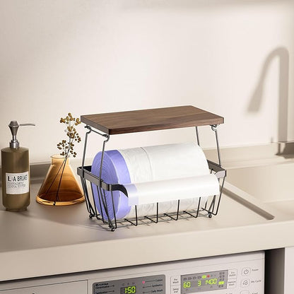 MOJOHAND Large Trash Bag Holder with Wooden Board, Garbage Bag Dispenser Under Sink, Metal Stackable Organizer and Storage for Kictchen Cabinet Pantry