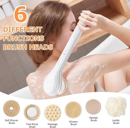 Electric Body Brush Rechargeable Back Scrubber for Shower Exfoliating Bath Brush Long Handle for Shower Lotion Applicator for Back Silicone Body Scrubber with 6 Shower Brush Heads