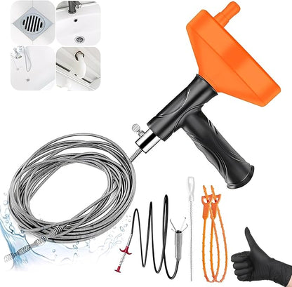 33 FT Drain Snake Auger, Plumbing Snake Drain Hair Clog Removal Tool, Sink Unclogger Drain, Heavy Duty Drum Auger, Cleaner Tool for Bathroom Kitchen Tub Shower Drain Clog Remover with Gloves