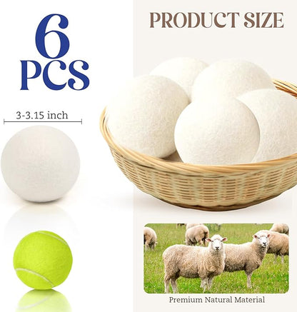 Large Wool Dryer Balls, New Zealand Dryer Balls Laundry Reusable Reduce Static Cling, Dryer Ball to Reduce Wrinkles & Shorten Drying Time, Drying Balls Fabric Softener Ball for Laundry（Pack of 6 XL)