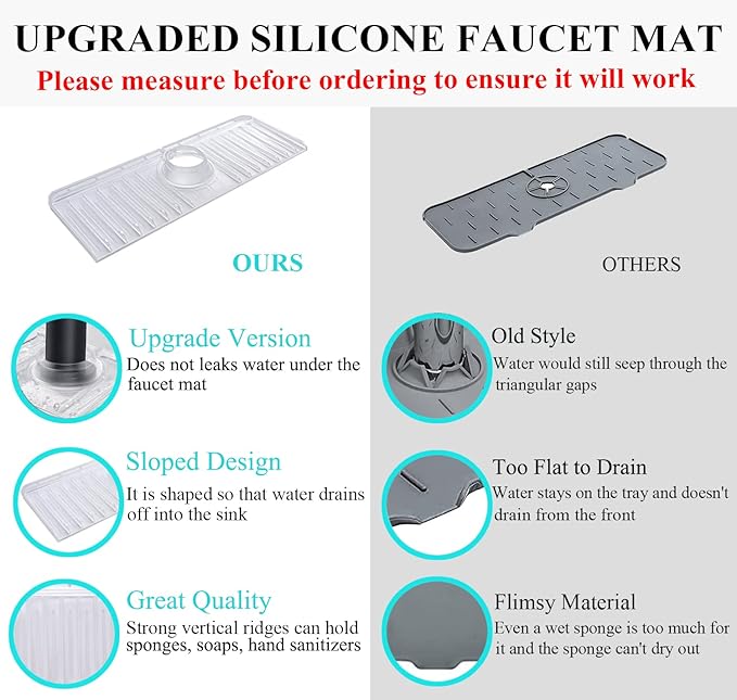 YATOISUR Sink Splash Guard 14.4” x 5.4” - Sink Faucet Mat with Faucet Water Catcher Mat & Soap Dish & Sponge Holder 3 in 1 - Silicone Faucet Handle Drip Catcher Tray for Kitchen RV & Bar Faucet, Clear