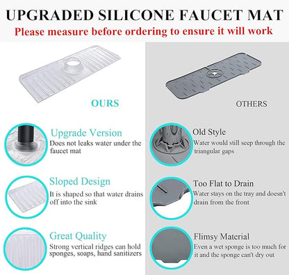 YATOISUR Sink Splash Guard 14.4” x 5.4” - Sink Faucet Mat with Faucet Water Catcher Mat & Soap Dish & Sponge Holder 3 in 1 - Silicone Faucet Handle Drip Catcher Tray for Kitchen RV & Bar Faucet, Clear