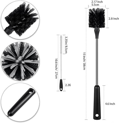 Water Bottle Brush with Straw Cleaner, 15 Inches Stainless Steel Handle Baby Bottle Brush Cleaner, Kitchen Scrub Cleaning Brushes for Cup, Wine Glasses, Coffee Mugs, Tumblers, Wine Decanters, Black