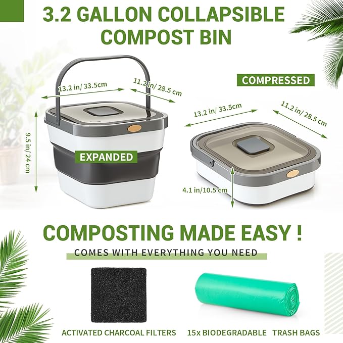 Reallnaive Collapsible Compost Bin for Kitchen Countertop 3.2 Gallon Compost Bucket for Kitchen with Lid Odorless Compost Bin Countertop with 20 Compost Bags and 1 Carbon Filters