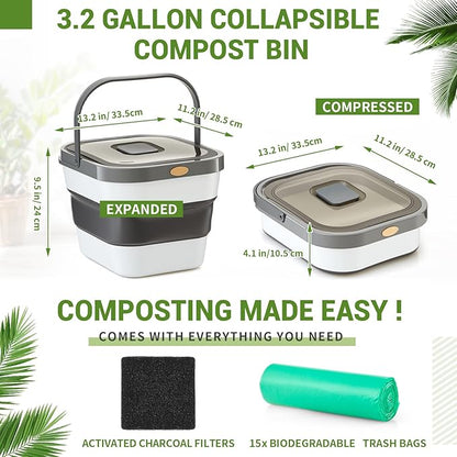 Reallnaive Collapsible Compost Bin for Kitchen Countertop 3.2 Gallon Compost Bucket for Kitchen with Lid Odorless Compost Bin Countertop with 20 Compost Bags and 1 Carbon Filters