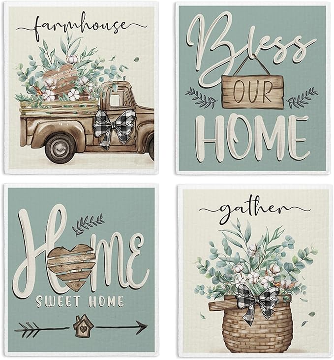 Bless This Home Swedish Dishcloths for Kitchen, Christian Swedish Dish Cloths, 4 Pack Reusable Paper Towels, Cotton and Wood Pulp, 6.7 x 7.5 inches