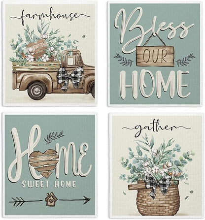 Bless This Home Swedish Dishcloths for Kitchen, Christian Swedish Dish Cloths, 4 Pack Reusable Paper Towels, Cotton and Wood Pulp, 6.7 x 7.5 inches
