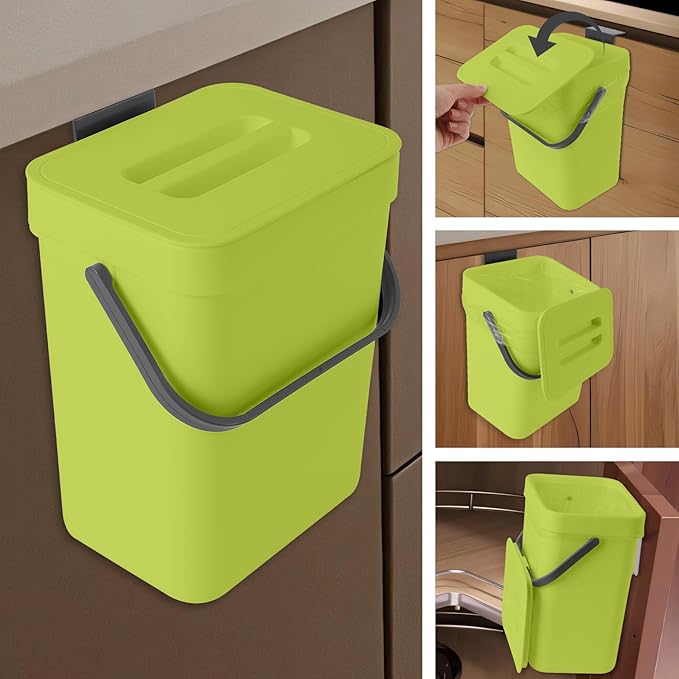 Compost Bin Kitchen, Includes 100 Trash Bags, Hanging Trash Can with Lid, Features Pet-Proof, Odor-Proof, and Quiet Opening/Closing. Suitable for Bathrooms/Bedrooms/Offices (Green, 1.3Gal/5L)