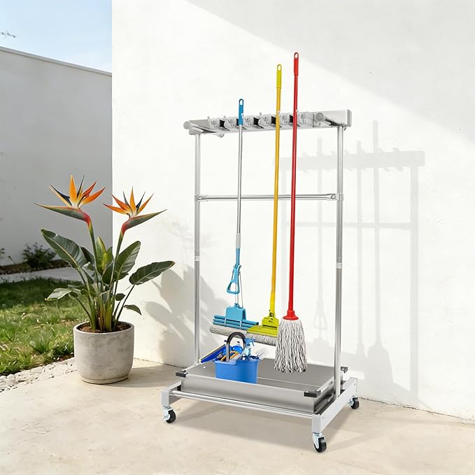 Broom Mop Holder Cleaning Supplies Organizer, Mobile Mop Rack with Water Basin & 12 Hooks, Freestanding Cleaning Tool Cart Storage Rack for Home Garden Garage Schools Hotels (Stainless Steel Basin)