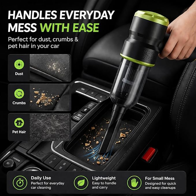 Handheld Car Vacuum Cleaner, 4-in-1 Cordless Rechargeable Mini Vacuum with Air Duster – Quickly Clean Crumbs, Pet Hair & Crevices in Car, Office, Home. Ideal for Commuters & Office Workers (Green)