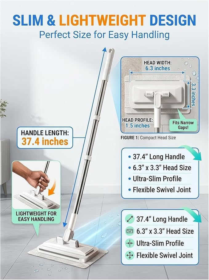 Hands-Free Multi-Purpose Flat Mop – Lazy Cleaning & Face Towel Compatible 39in Long Handle Dust with Locking Head for Wall Bathroom Toilet Corners Multi-Surface
