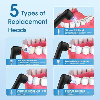 Electric Teeth Whitening Tools Plaque Tartar Polishing Cleaning Kit with LED Light 5 Speed Modes with 5 Replacement Brush Heads (Black)
