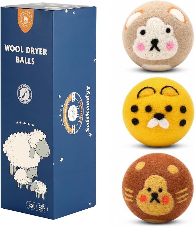 Wool Dryer Balls Handmade 3 Pack XL,Organic Laundry Dryer Balls,100% New Zealand Wool Natural Fabric Softener,Reusable 1000 Loads,Wrinkles Free, Shorten Drying Time,Baby Safe (3 Pack XL,Zoo Friends)