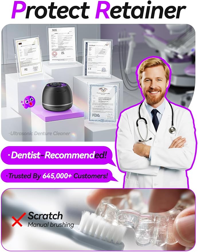 Beser Ultrasonic Retainer Cleaner, 2X Clean, 4X Sterilize, Dental Retainer Cleaner Machine Pod for Aligner, Nightguard, Mouth Guard, Denture Cleaner, Oral Dental Care, IPX6, Black FSA HSA Approved