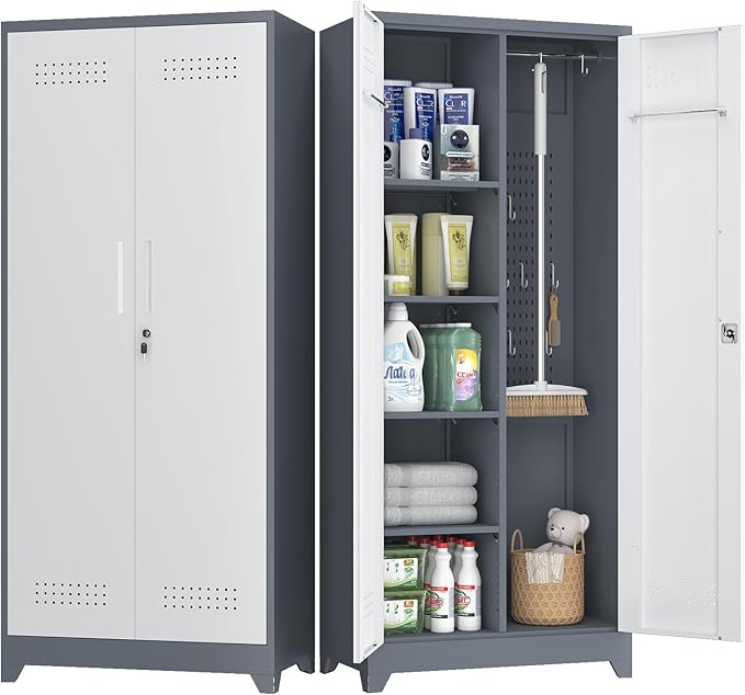 Broom Closet, 72" Broom Closet Storage Cabinet with Lock, Metal Tool Storage Cabinets with Pegboard, Cleaning Supply Storage Cabinets with Shelves for Home, Garage, Utility Room, Greywhite