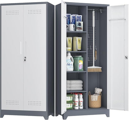 Broom Closet, 72" Broom Closet Storage Cabinet with Lock, Metal Tool Storage Cabinets with Pegboard, Cleaning Supply Storage Cabinets with Shelves for Home, Garage, Utility Room, Greywhite