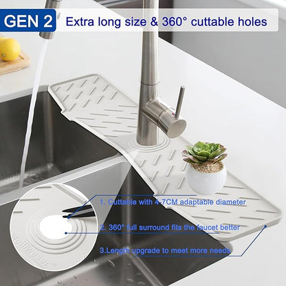 Faucet Mat for Kitchen Sink – 24” x 5.1” Extra-Long Silicone Splash Guard with 10° Slope & Upgraded Drainage – Gen 3 Sink Water Catcher & Sponge Holder for Kitchen, Bathroom (White)