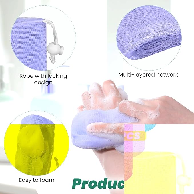 8 Pcs Mesh Soap Bags, Bar Soap Saver Bags, Bubble Foaming Nets Pocket with Drawstring for Facial Cleaning Body Wash (Multicolor)