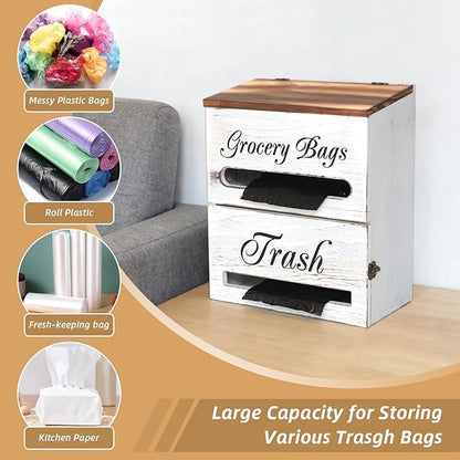 2 in 1 Trash Bag Dispenser, Double Wall Mounted,Wood Trash Bag Holder, used in kitchen, garage, laundry room, can store Environmentally friendly food bags (Vintage/Large(10inch*5.5inch*12.2inch）)