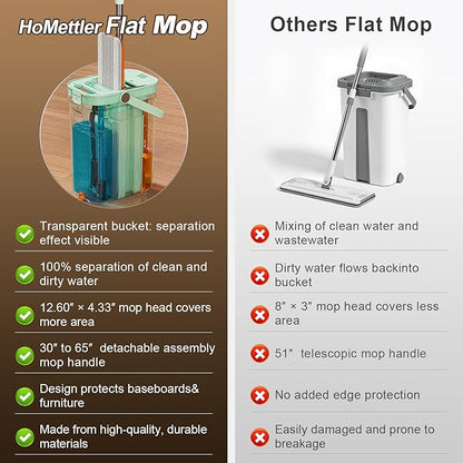 HoMettler 3-Tank Transparent Mop and Bucket Set with Separate Dirty & Clean Water, 65" Flat Mop for Floor Cleaning, 4 Machine Washable Microfiber Pads for Wood Tile - Green