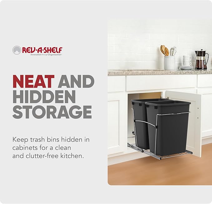 Rev-A-Shelf Double 35 Qt Pullout Trash Can for Base Kitchen Cabinets, Garbage Waste Bin System with Full-Extension Slides, Min Opening Width of 14.5", Black, RV-18KD-18C S