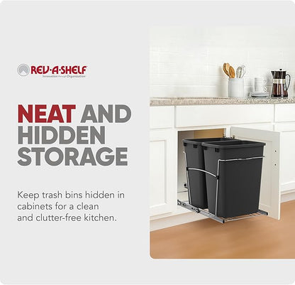 Rev-A-Shelf Double 35 Qt Pullout Trash Can for Base Kitchen Cabinets, Garbage Waste Bin System with Full-Extension Slides, Min Opening Width of 14.5", Black, RV-18KD-18C S