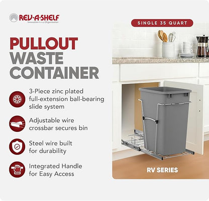 Rev-A-Shelf Single 35 Qt Pullout Trash Can for Base Kitchen Cabinets, Garbage Waste Bin System with Full Extension Slides, Min Opening Width of 11.5", Metallic Silver, RV-12KD-17C S