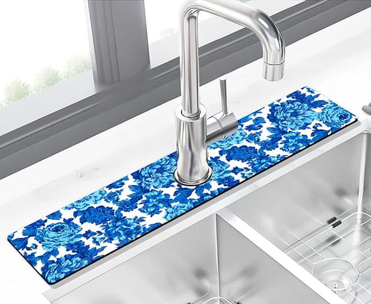 Kitchen Sink Splash Guard Faucet Mat Super Absorbent Fast Drying Mat Sink Gadgets Splash Guard Behind Faucet Drip Catcher for Kitchen (Blue Flowers, 23.5x5.5in)
