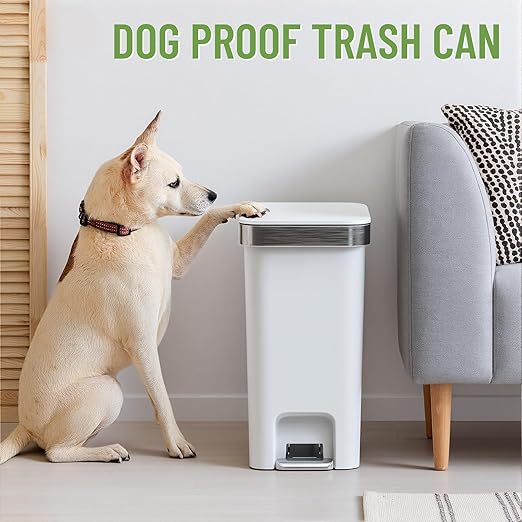 Slim Bathroom Trash Can With Lid, 2.6 Gallon /10 Liter Small Wastebasket, Press Top Bin & Step Metal Pedal Trash Bin, Mini Plastic Garbage Cans for Bedroom, Office, Kitchen, Dorm (grayish-white)
