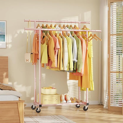 HYSEYY Double Rods Clothes Rack, Sturdy Rolling Clothing Rack, Portable Clothing Racks for Hanging Clothes - Metal Garment Rack Wardrobe Coat Rack for Bedroom Laundry Living Room, Pink
