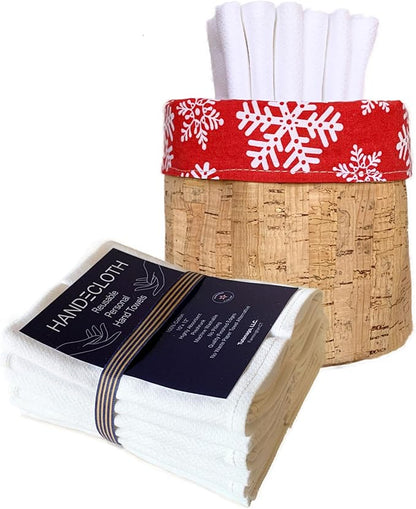 Reusable Paper Towel Set/Towels & Cork Fabric Basket/Made in USA/Machine Washable/Absorbent and Durable Edges & No Pilling/Reversible (Red Snowflake & Cork Basket, 24 Pack Cloths)
