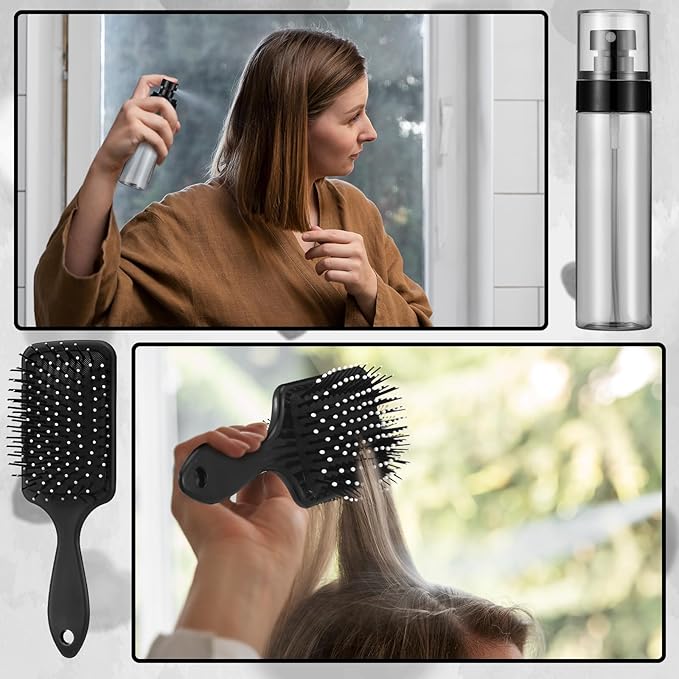 15 Pcs Slick Back Hair Brush Set, Bristle Comb with Spray Bottle,Hair Clip,Edge Brush for Women, Men (Black)