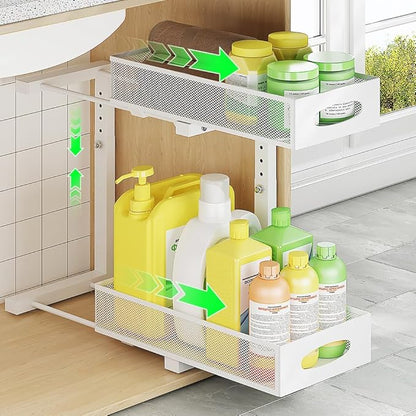 1 Pack Under Sink Pull Out Organizer, 2-Tier Adjustable Height Carbon Steel Storage Rack for Kitchen and Bathroom Cabinet, White