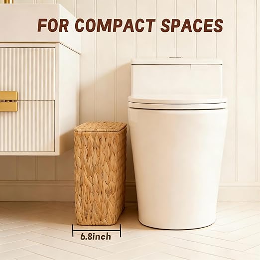 Wicker Trash Can,2.5 Gallon Bathroom Trash Can with Lid,Natural Water Hyacinth Wicker Waste Basket with Removable Liner, for Bedroom, Toilet, Narrow Spaces