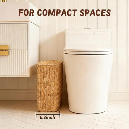 Wicker Trash Can,2.5 Gallon Bathroom Trash Can with Lid,Natural Water Hyacinth Wicker Waste Basket with Removable Liner, for Bedroom, Toilet, Narrow Spaces