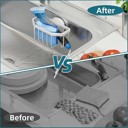 TAILI Sink Caddy with Strong Suction Cup, Sponge Holder for Kitchen Sink Organizer, Removable Sponge Caddy Inside Sink, Rustproof Aluminum Holder for Sponges, Brushes - White