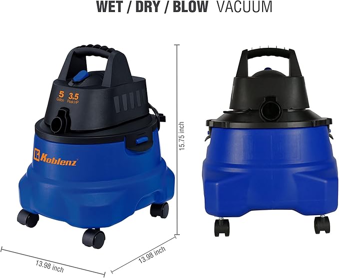Koblenz WD-5 L2 Wet Dry Vacuum Cleaner, 5 Gallon Shop Vac 3.5 PHP, 3-in-1 Suction & Blower, Swivel Casters, Twist-N-Lock Hose, Large Vacuum Cleaners for Home, Workshop, Car, Blue/Black